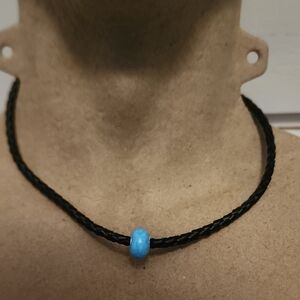 Black Braided Necklace with Blue Bead